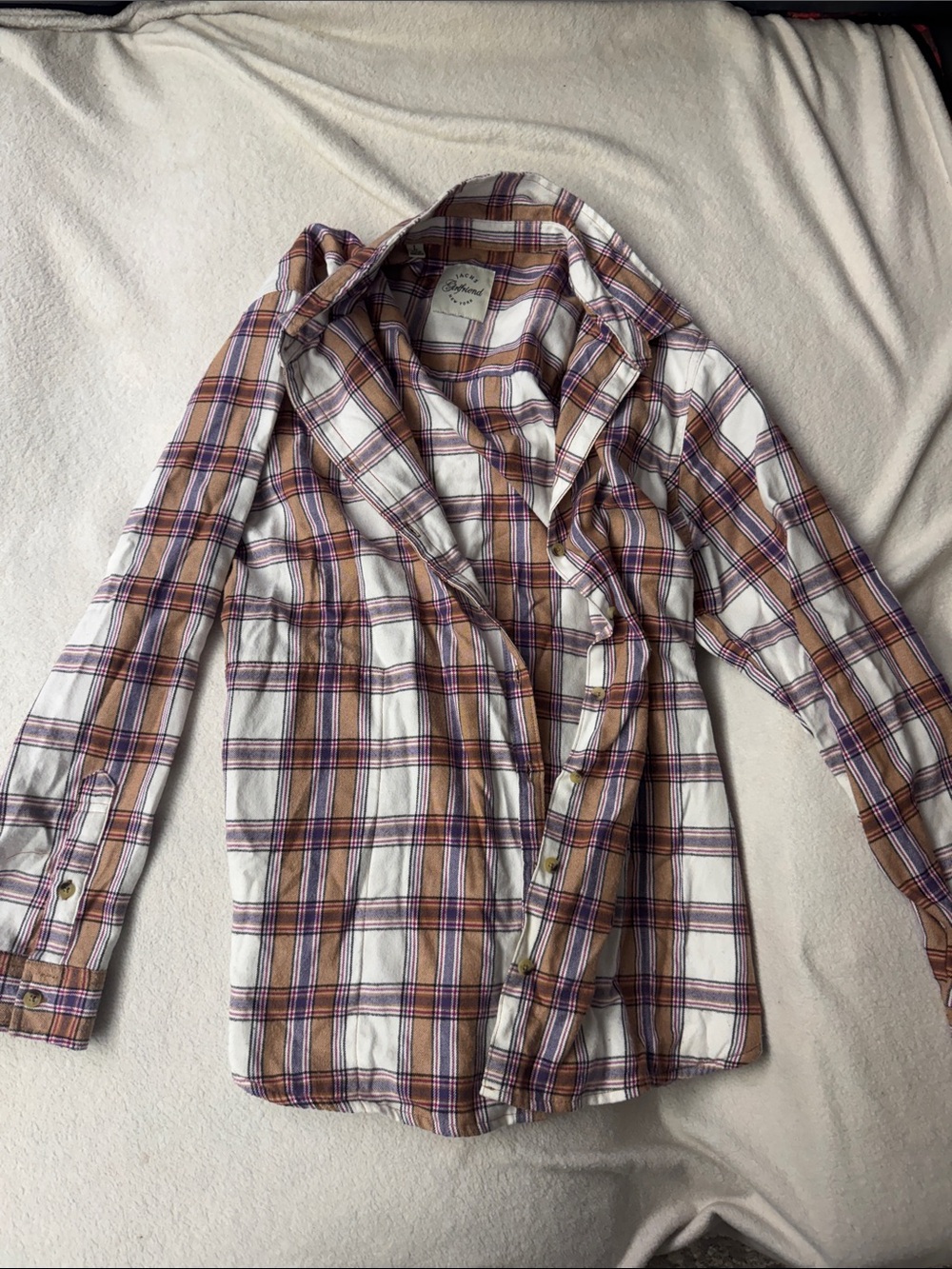 JACHS Girlfriend White Plaid Button-Down Shirt with Brown and Purple Stripes